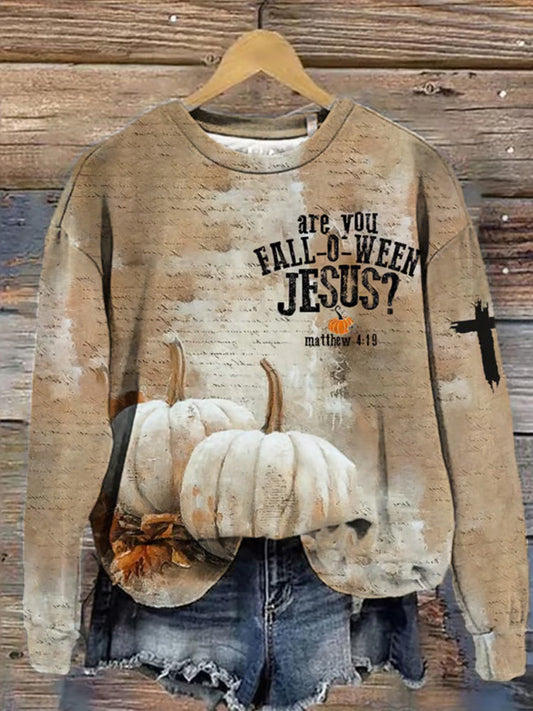 Women's Are You Fall-o-ween Jesus Matthew 4:19 Print Crew Neck Sweatshirt artswardrobe