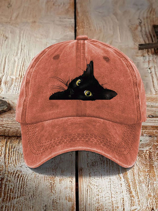 Japanese Art Black Cat Print Washed Hat elevenforest