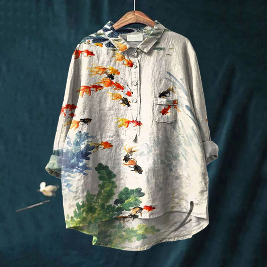 Comstylish Women's Watercolor Fish Art Print Casual Cotton And Linen Shirt