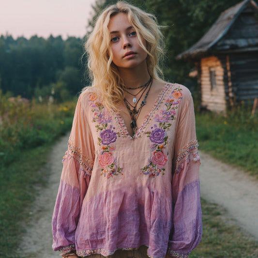 Women's Casual Gradient Purple And Pink Floral Embroidered Linen Long Sleeve Shirt artswardrobe