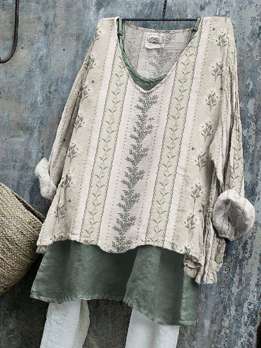 Comstylish Vintage Floral & Leaves Cottage Pattern Linen Tunic