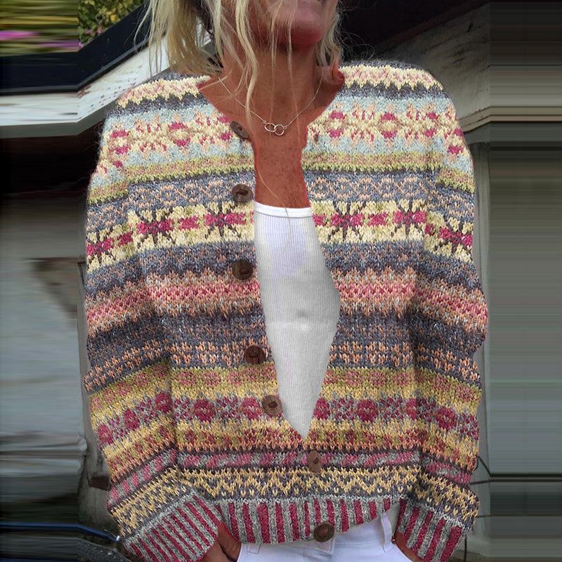 Retro Ethnic Snowflake Pattern Button Sweater Cardigan elevenforest