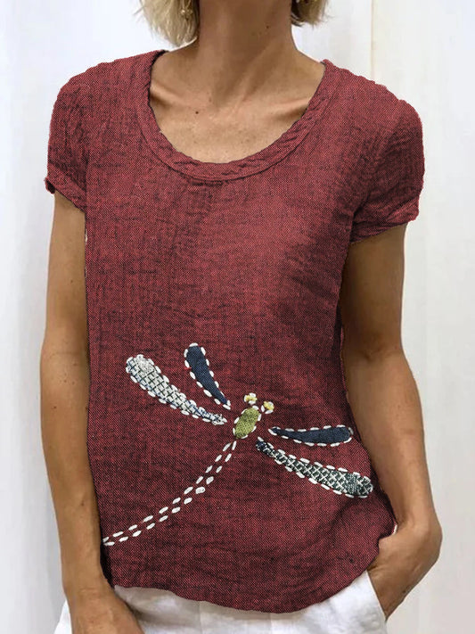 Comstylish Vintage Dragonfly Patchwork Japanese Sashiko Art Linen Blend Shirt