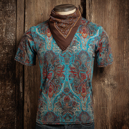 Men's Vintage Western Paisley Design Cotton And Linen Blend T-shirt artswardrobe