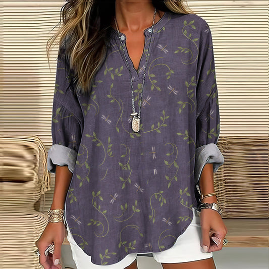 Comstylish Women's Bohemian Style Dragonfly Linen Print Casual Shirt