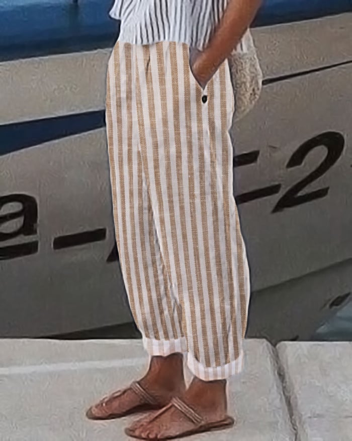 Women's Cotton Linen Striped Casual Pants