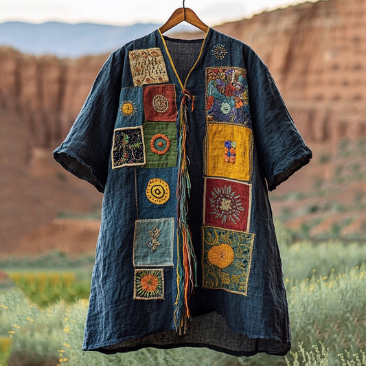 Men's Vintage Embroidered Patchwork Short Sleeve Linen T-shirt artswardrobe
