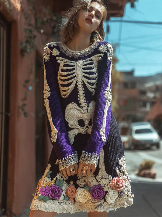 Skeleton & Floral Embroidery Art Women's Knit Mini Dress artswardrobe