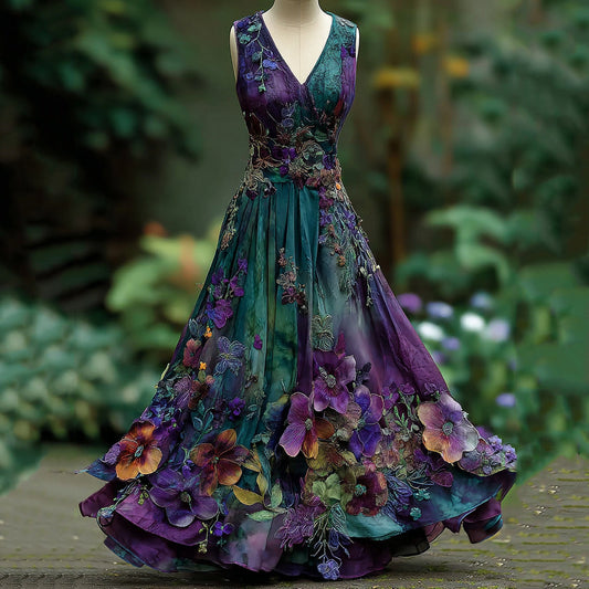 Women's Vintage Embroidered Pansy Floral Gradient Color Belt Maxi Dress artswardrobe