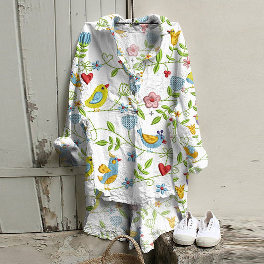 Casual Floral Spring Birds Embroidery Pattern Linen Short Front And Long Back Blouse artswardrobe
