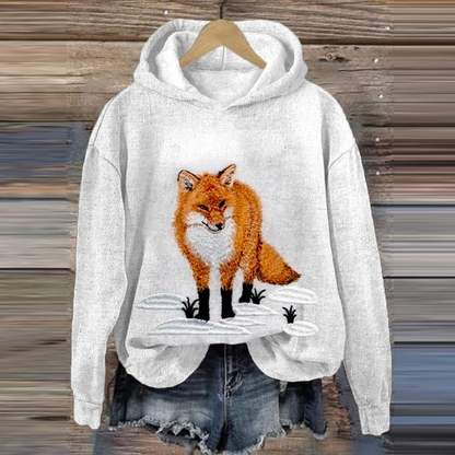Women's Cute Snow Fox Print Casual Hoodie artswardrobe