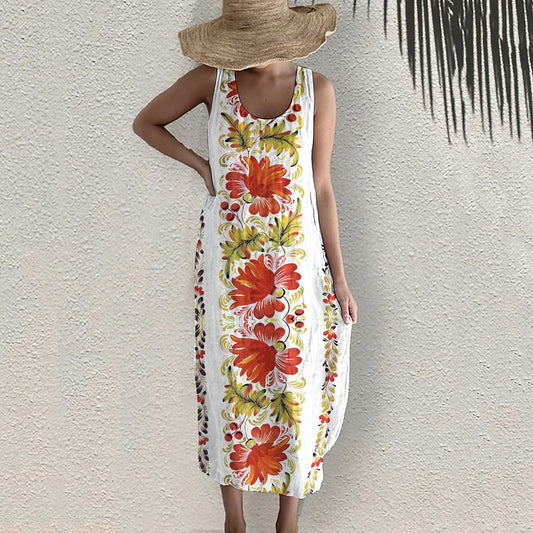 Comstylish Red Botanical Flower Pattern Sleeveless Dress