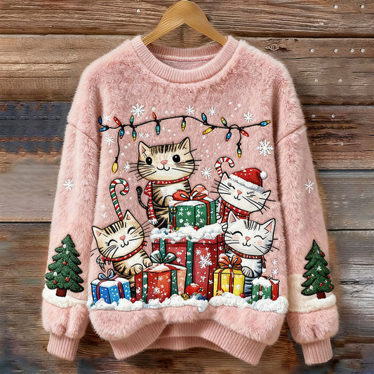 Women's Cute Christmas Cat Embroidery Art Comfort Plush Sweatshirt elevenforest