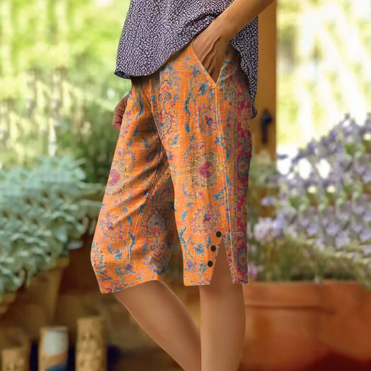 Retro Bohemian Style  Ethnic Totem Pattern Art Graphics Button Slit Design Cozy Linen Shorts artswardrobe