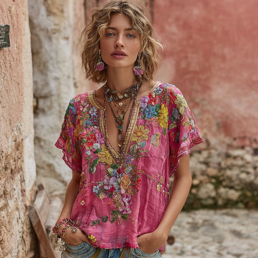 Comstylish Women's Vintage Flower Embroidered Art Linen Blend V-neck Shirt