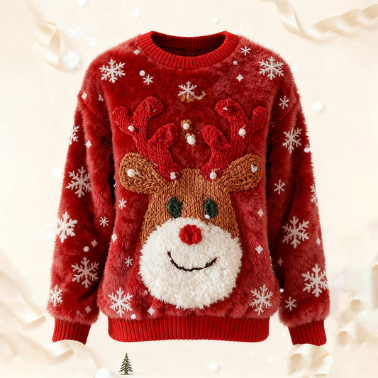 Comstylish Women's Fun Christmas Reindeer Plush Crew Neck Sweatshirt