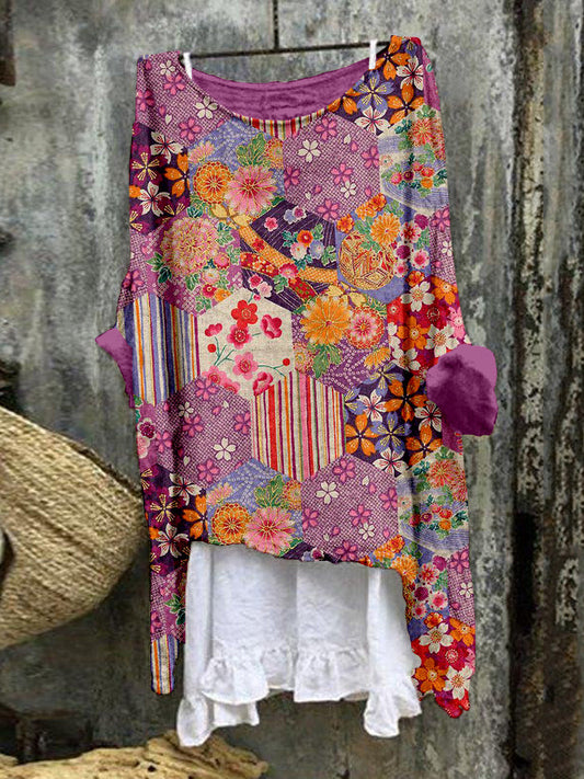 Comstylish Vintage Japanese Pattern Linen Blend Flowy Tunic