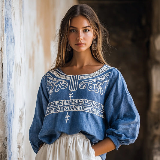 Vintage Greek Key Motif Cretan Embroidery Linen Blend T-shirt artswardrobe