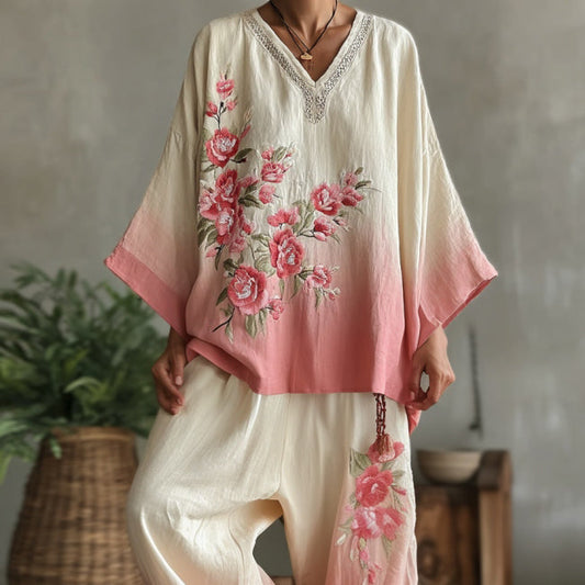Comstylish Vintage Pink Floral Gradient Pattern Linen V Neck T-shirt