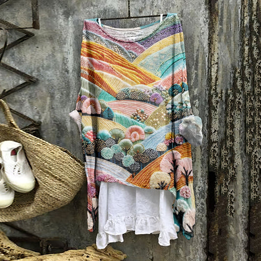Comstylish Vintage Dreamy Colorful Village Loose Linen Cozy Shirt Tunic Top