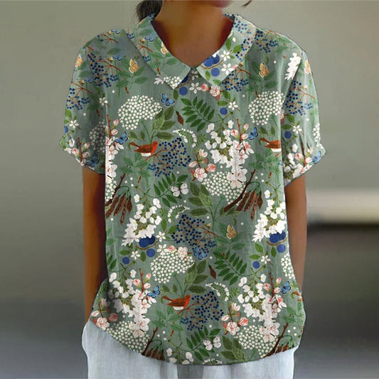 Comstylish Women's Retro Flower Art Print Casual Cotton Linen Shirt