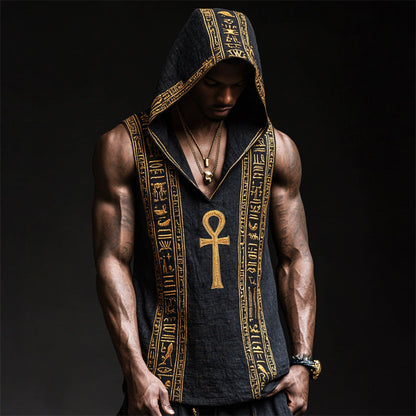 Men's Ankh Ancient Egyptian Embroidered Hooded Linen Tank artswardrobe