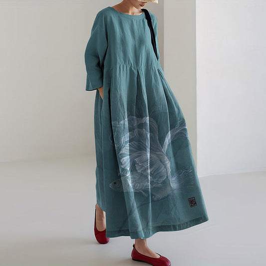 Comstylish Women Fish Printed Linen Blend Maxi Dress