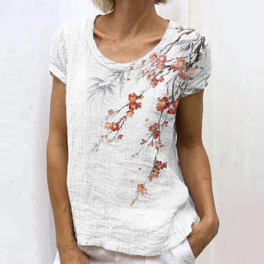 Comstylish Japanese Retro Plum Bamboo Ink Painting Art Print Casual T-Shirt