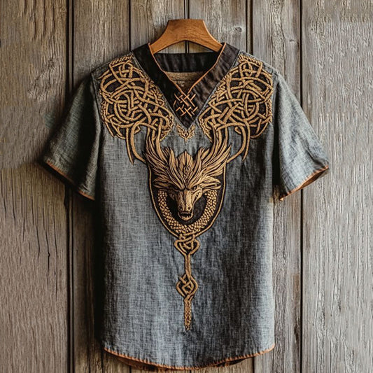 Men's Viking Dragon Head Embroidery Linen T Shirt artswardrobe