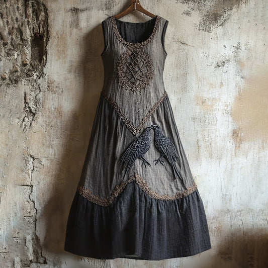 Vintage Viking Tribal Raven Graphics Art Linen Tank Dress artswardrobe