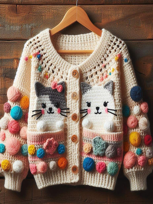 Cute Cats Pattern Cozy Soft Crochet Cardigan artswardrobe