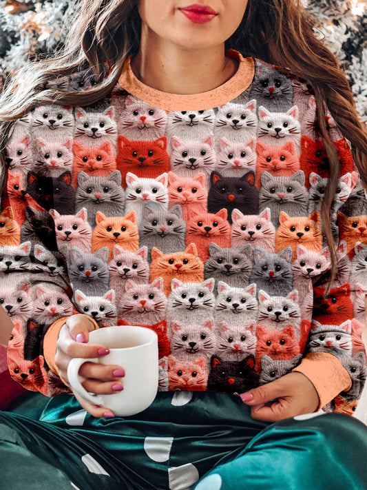 Colorful Cute Cats Embroidered Crew Neck Sweatshirt elevenforest