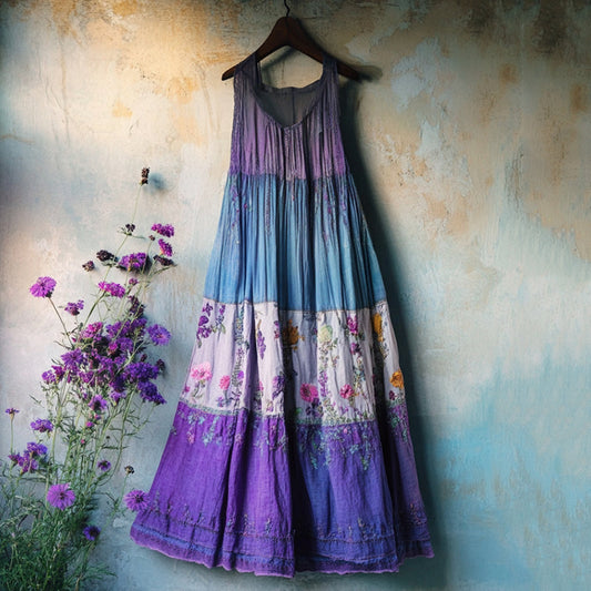 Vintage Bohemian Lavender Embroidery Patchwork Art Sleeveless  Cozy Linen Maxi Dress artswardrobe