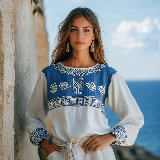 Vintage Greek Key Cretan Embroidery Linen Contrasting Colors T-shirt artswardrobe