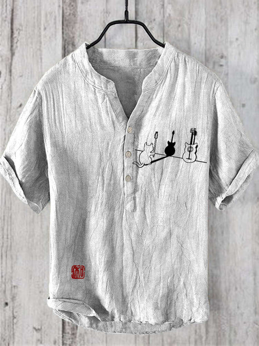 Guitar Cat Print Men's Linen V-Neck Shirt elevenforest
