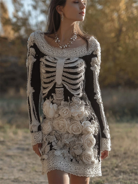 Comstylish Classy Skeleton White Roses Lace Hem Knit Sweater Dress