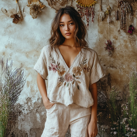 Women's Vintage Bohemian Floral Print V Neck T-shirt artswardrobe