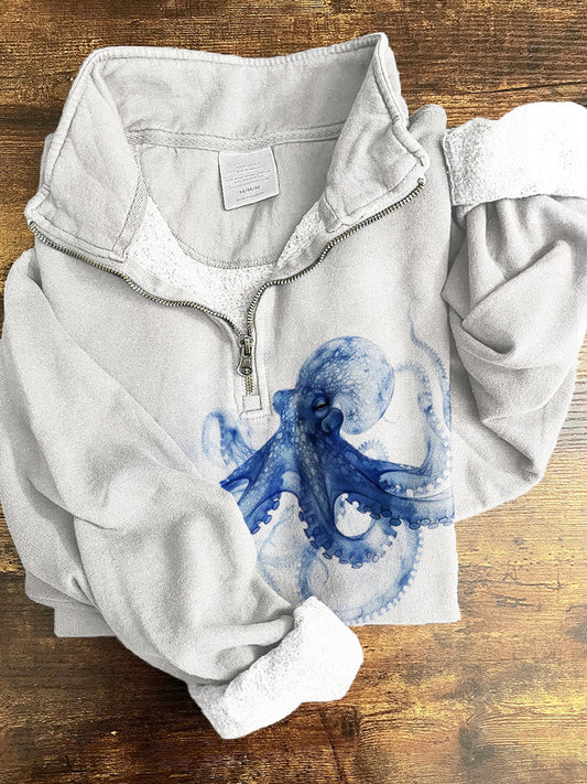 Comstylish Vintage Ethereal Octopus Art Pattern Zip Up Cozy Sweatshirt