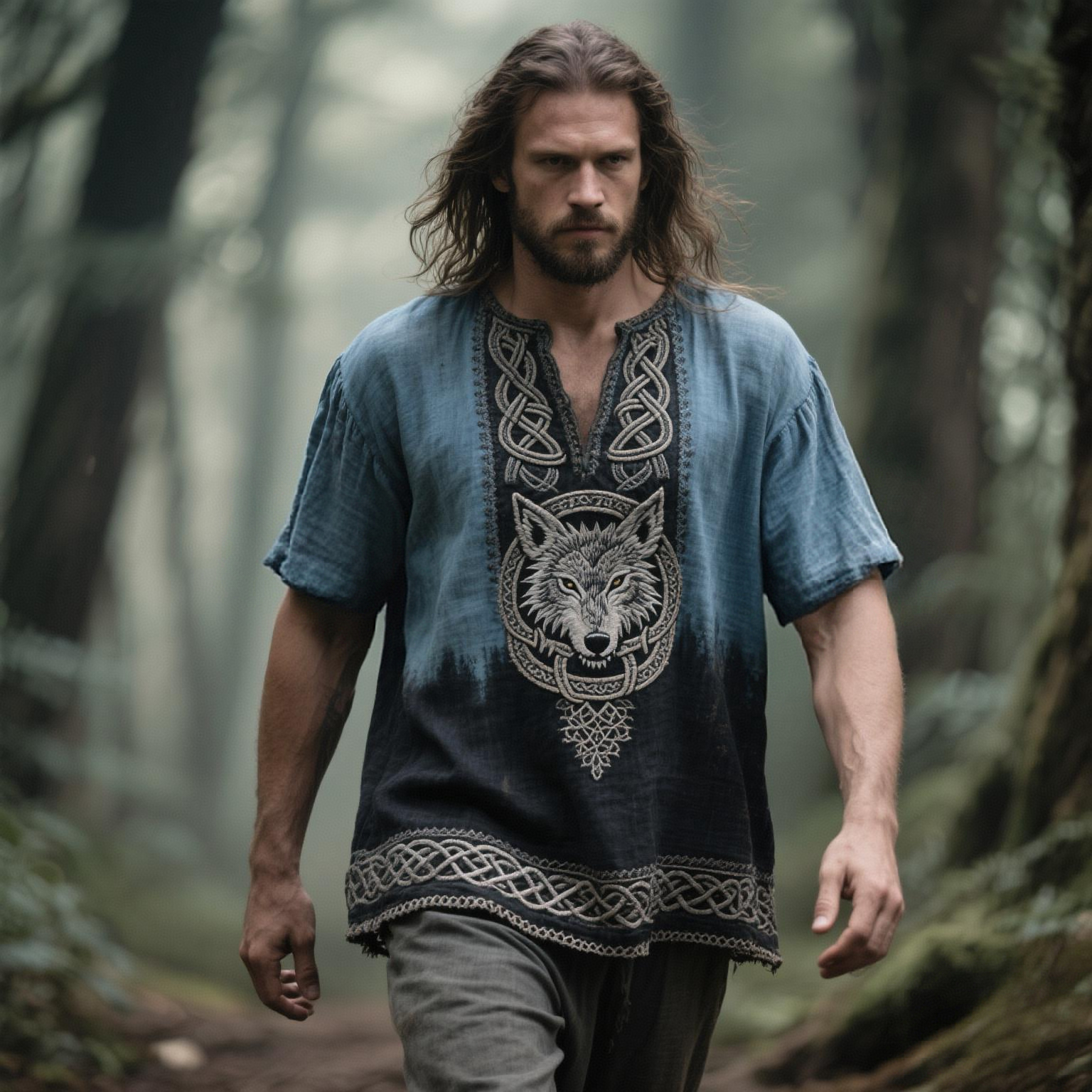 Men's Viking Wolf Embroidered V-neck Linen Blend Shirt artswardrobe