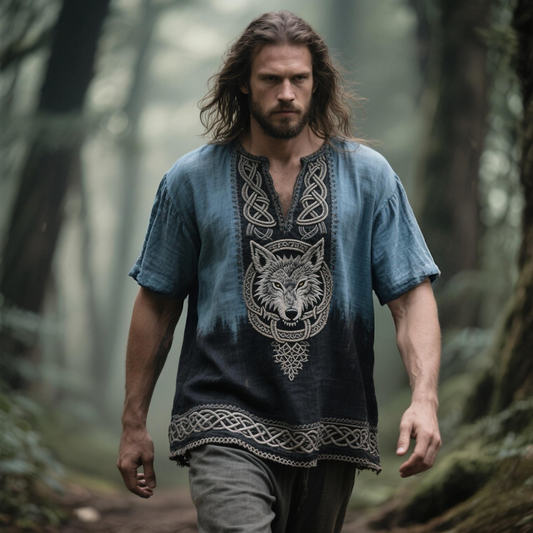Men's Viking Wolf Embroidered V-neck Linen Blend Shirt artswardrobe