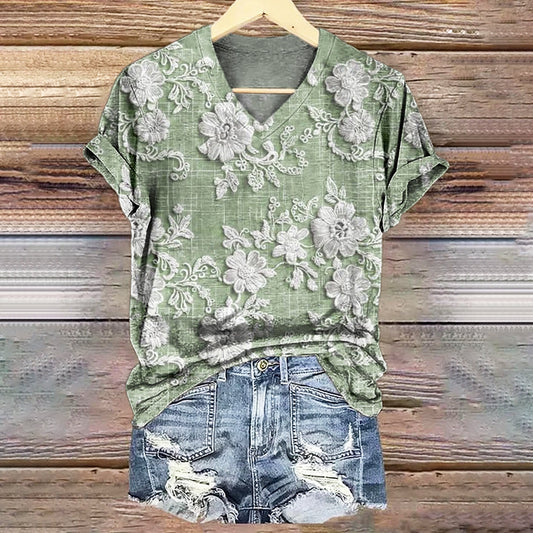 Women's Floral Texture Art Print V-neck Casual T-Shirt
