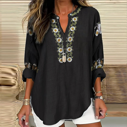 Vintage Ethnic Floral Linen V-neck Long Sleeve Shirt artswardrobe