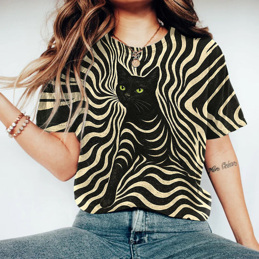 Comstylish Abstract Creative Striped Cat With Green Eyes Painting Art Print T-shirt