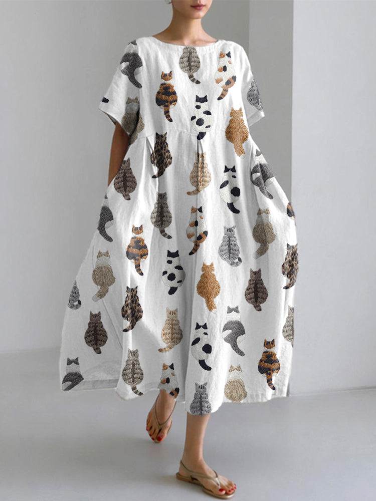 Cute Cats Embroidery Pattern Linen Blend Dress elevenforest