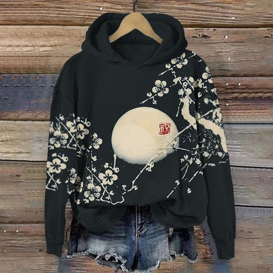 Comstylish Vintage Plum Blossom & Moon Japanese Lino Art Print Hoodie