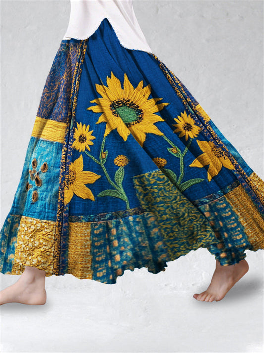 Ethnic Sunflowers Embroidered Patchwork Flowy Wide Skirt artswardrobe