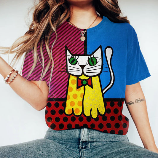 Retro Colorful Pop Art Cat Graphic T-shirt elevenforest