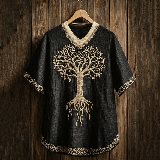 Men's Viking Tribal Tree Of Life With Celtic Knotwork Embroidered Linen T-shirt artswardrobe