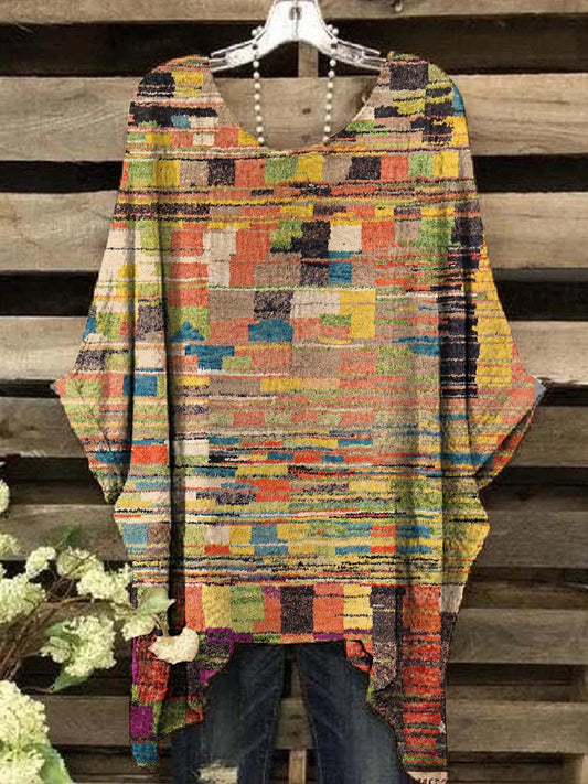 Women's Vintage Abstract Square Pattern Crew Neck Top