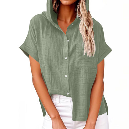 Women's Solid Color Linen Vintage Hooded Shirt artswardrobe